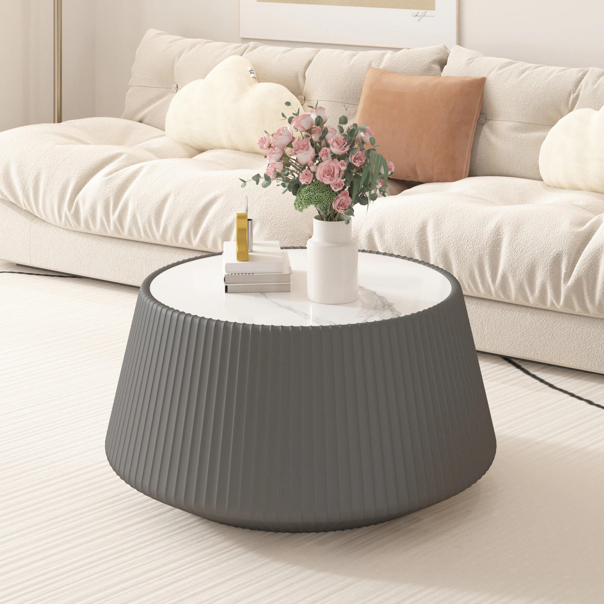 GDFStudio Indoor Modern 26.77-in Round Sintered Stone Top Wood Drum Coffee Table with PU Leather Wrapped Base No Assembly for Living Room Grey in Gray | Lowe's