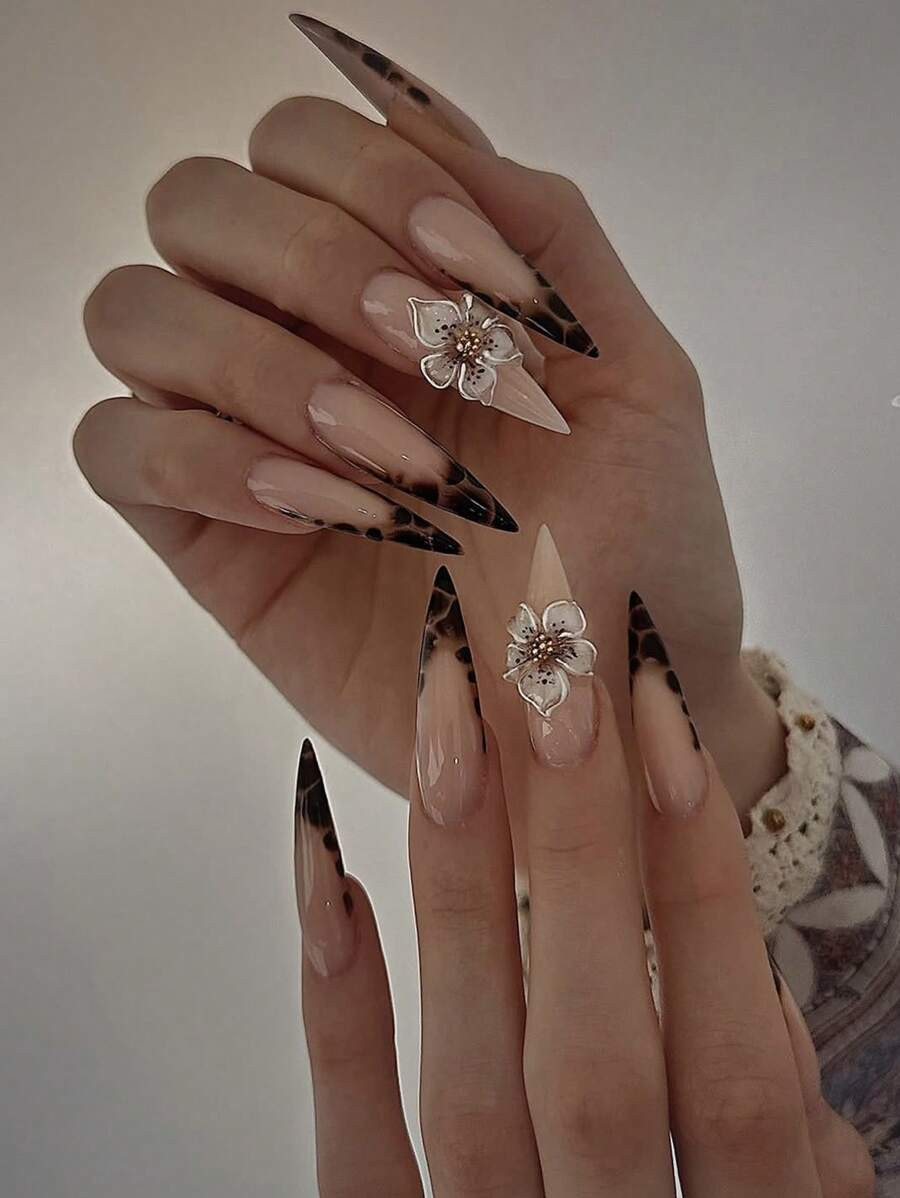 Pure Handmade Nails Blossom Gel Crocodile Skin Stiletto Green French Tip 3D Wave Pearl Press On N... | SHEIN