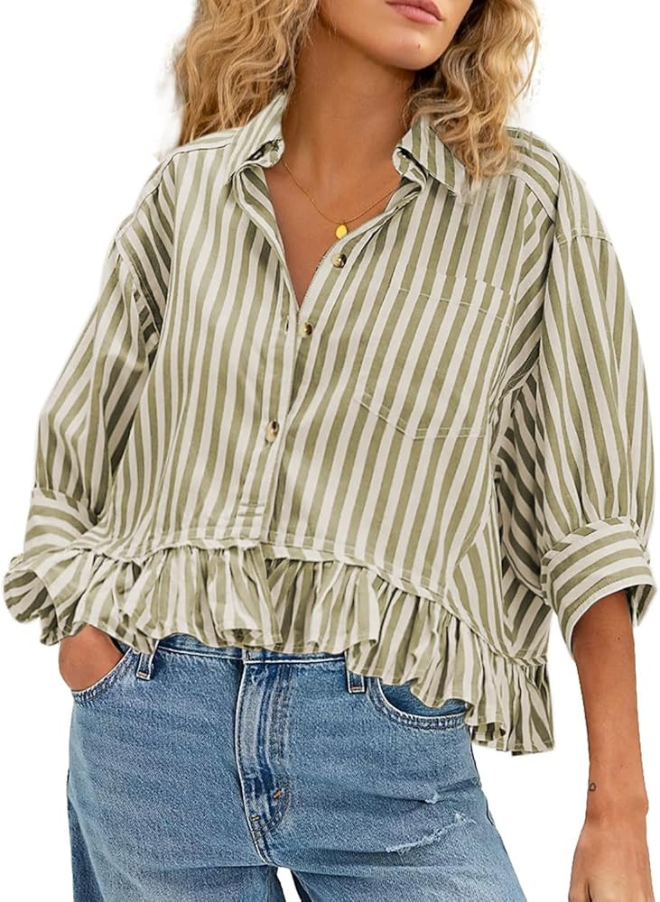 CHYRII Womens Summer Tops Dressy Casual Blouse Top Ruffled Short Sleeve Button Down Striped Shirt | Amazon (US)