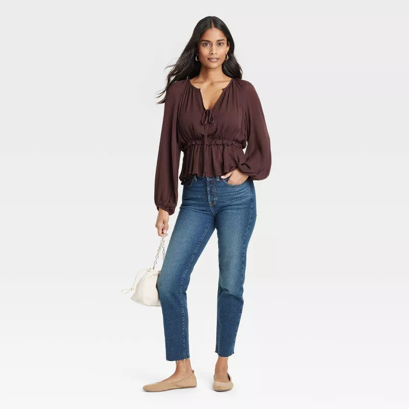Women's Long Sleeve Tie-Front Peplum Blouse - Universal Thread™ | Target