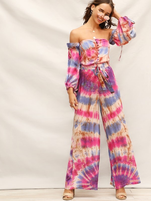 SHEIN Drawstring Waist Tie Dye Wide Leg Pants | SHEIN