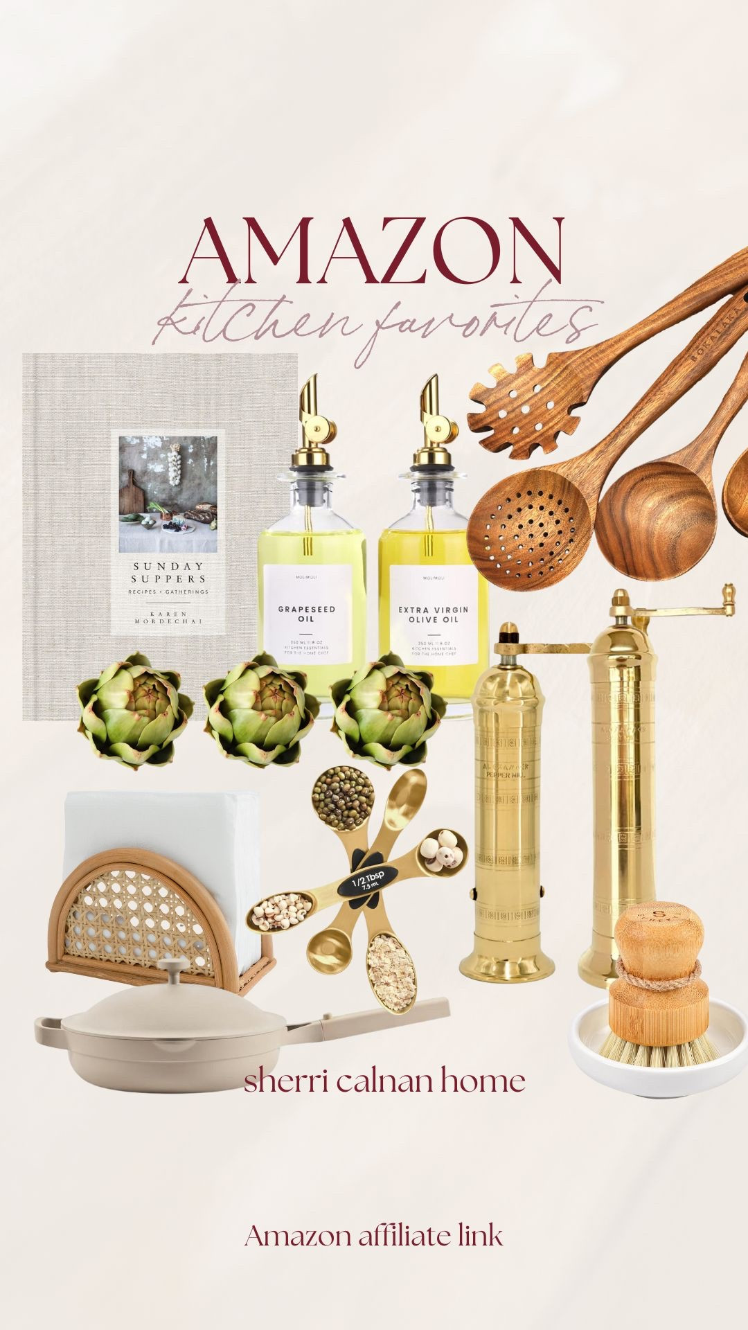 Amazon kitchen favorites that blend warm wood, soft neutrals, and timeless brass accents to create a functional kitchen that still feels styled and elevated. From oil bottles to wood utensils, these pieces make everyday cooking feel beautiful. Amazon kitchen decor, neutral kitchen finds, brass kitchen accessories, wood kitchen utensils, coastal kitchen styling, neutral cooking essentials, elevated kitchen decor, sherri calnan home

#LTKHome