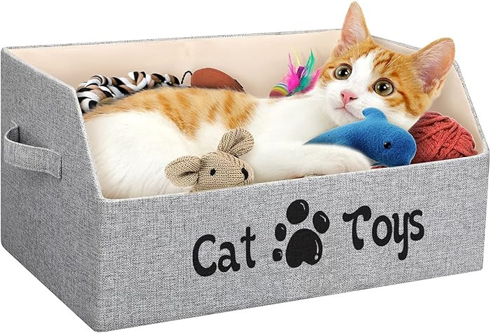2X Thicker Large Cat Toy Bin Collapsible Cat Toy Box Sturdy Cat Toy Basket Kitten Toy Storage Bed... | Amazon (US)