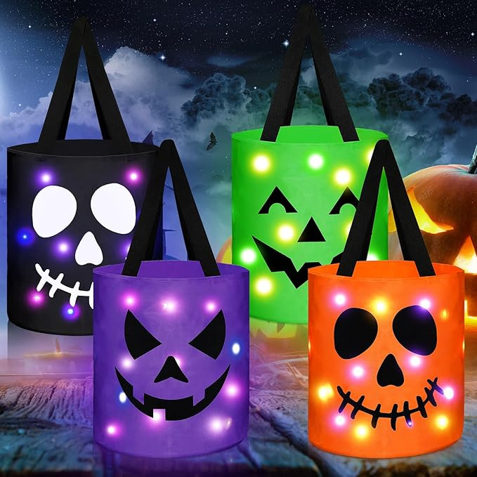 Yaomiao 4 Pcs Halloween Trick or Treat Bucket for Kids Light up Pumpkin Candy Bags LED Halloween ... | Amazon (US)