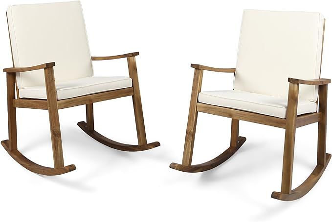 Christopher Knight Home David | Outdoor Acacia Wood Rocking Chair Set of 2, Teak Finish/Cream Cus... | Amazon (US)
