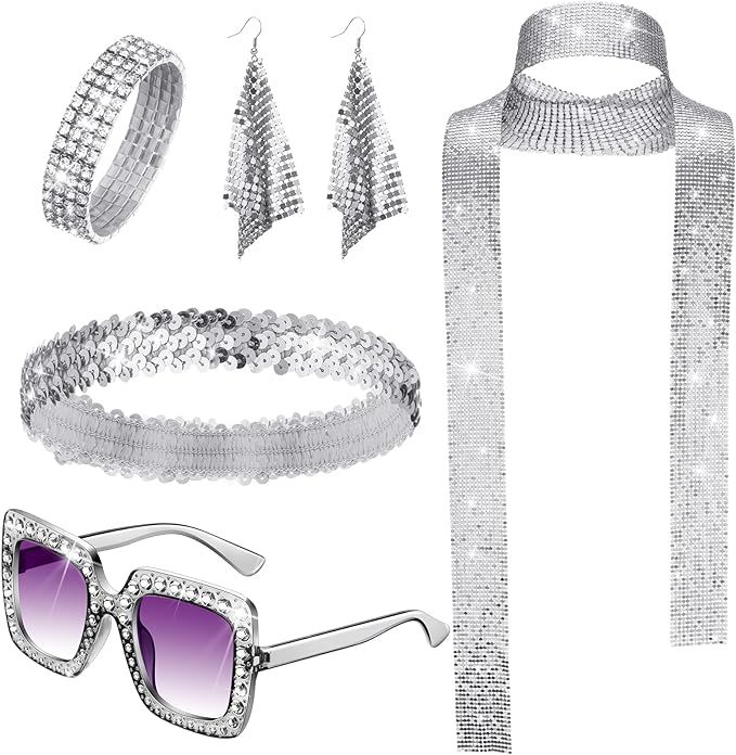 5 Pcs 70s Disco Accessories Women Costume Jewelry Disco Earrings Sequin Scarf Sunglasses Diamond ... | Amazon (US)