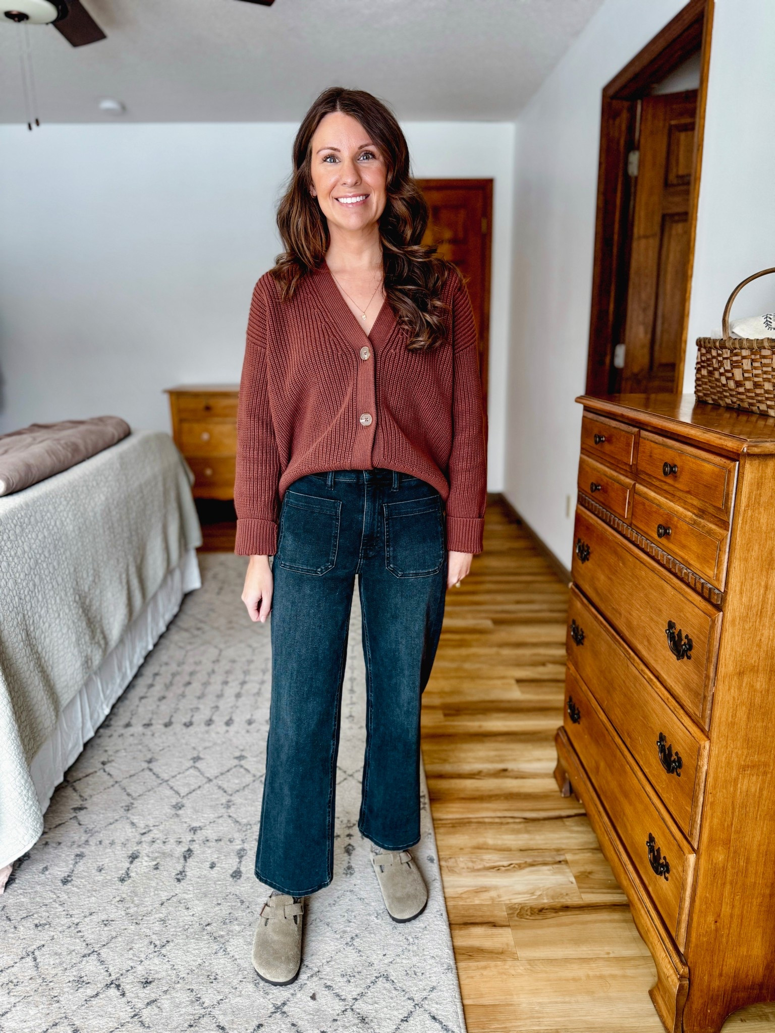 Wearing xs in my cardigan (organic cotton, redwood brown color) and 24 in the 26” inseam in my jeans (faded black color). My clogs fit true to size and I also linked similar ones 

#LTKPetite #LTKootd #LTKgrwm