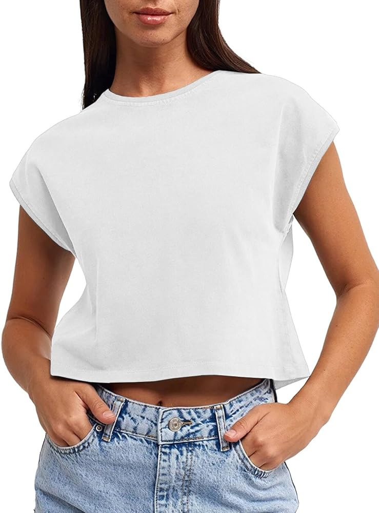 Tankaneo Women's Casual Cap Sleeve Shirts Cropped Cotton Crewneck Loose Basic Tee Tops | Amazon (US)