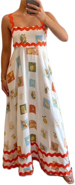 Women Y2k Boho Maxi Dress Cute Graffiti Print Cami Dress Loose Flowy Long Dress Summer Holiday Be... | Amazon (US)