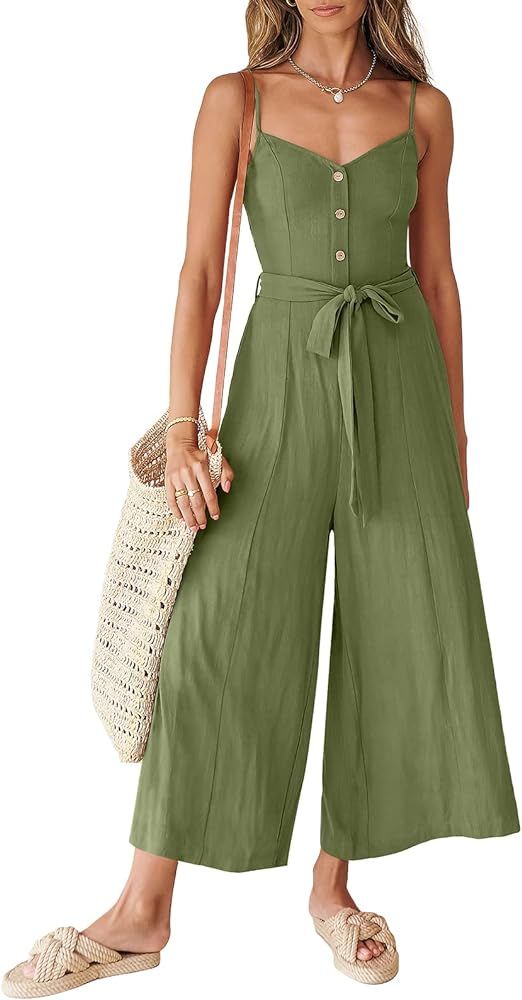 ANRABESS Jumpsuits for Women 2024 Summer Casual Linen Wide Leg V Neck Beach Rompers Dressy Spaghe... | Amazon (US)
