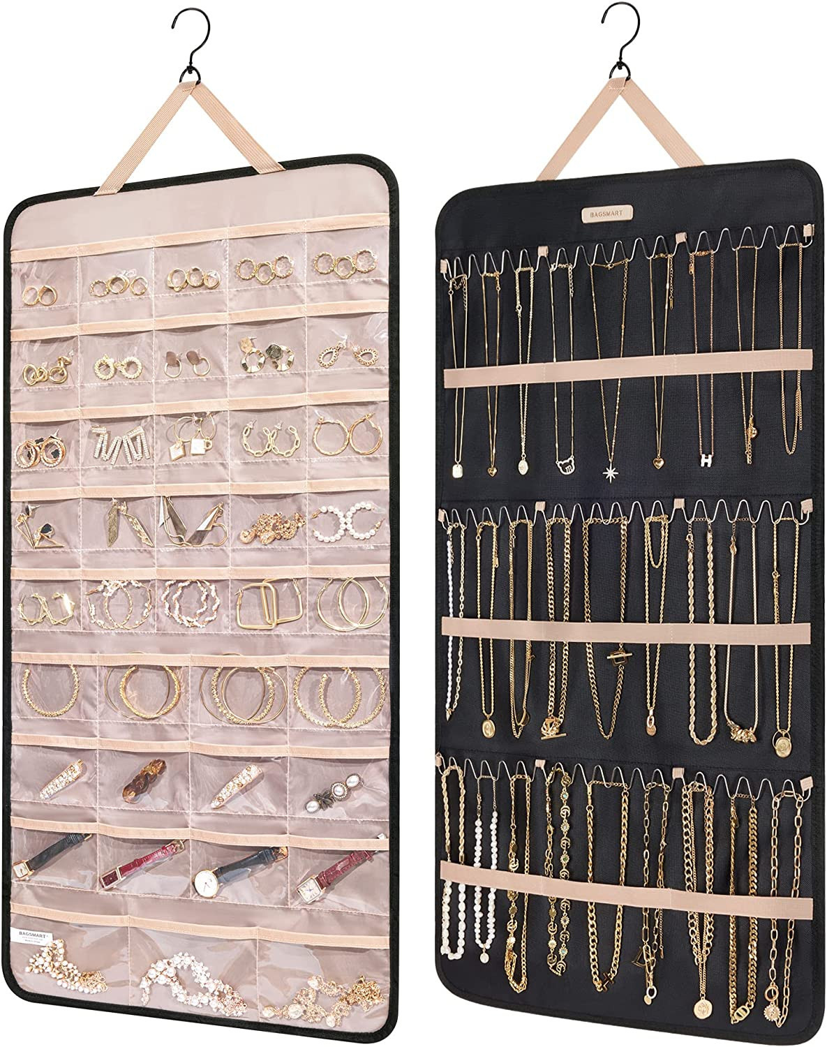 BAGSMART Hanging Jewelry Organizer Storage Roll with Hanger Metal Hooks Double-Sided Jewelry Hold... | Amazon (US)