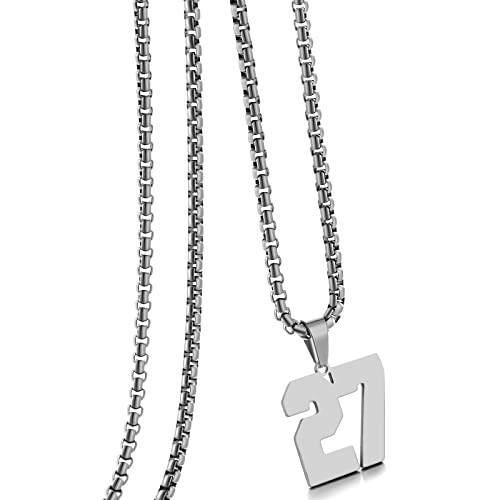 HSWYFCJY Gold Number Necklace for Men,Stainless Steel Athletes Number Chain Charm Pendant Personalized Sports Jewelry for Men Basketball Baseball Football Ice Hockey (Number 27, Silver) | Amazon (US)