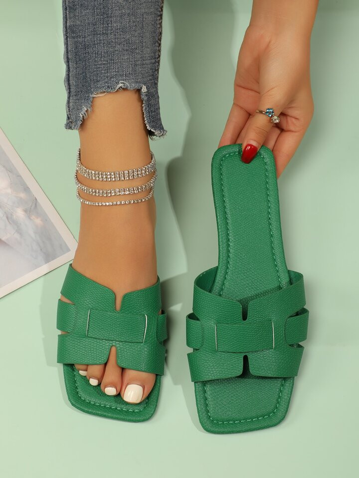 Fashionable Outdoors Green Flat Slippers for Women, Snakeskin Embossed Plain Artificial Leather O... | SHEIN