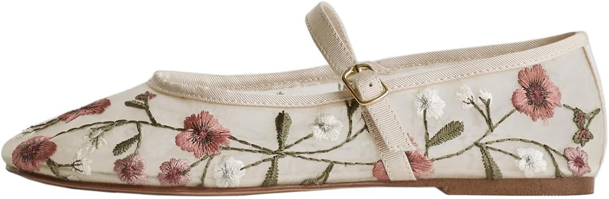 MRKEWUNEY Mesh Ballet Flats for Women Embroidered Floral Round Toe Mary Jane | Amazon (US)