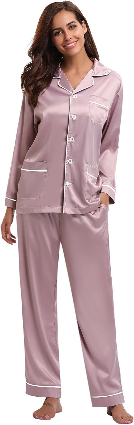 Aibrou Women's Satin Pajamas Set Long Sleeve and Long Button-Down Sleepwear Loungewear | Amazon (US)