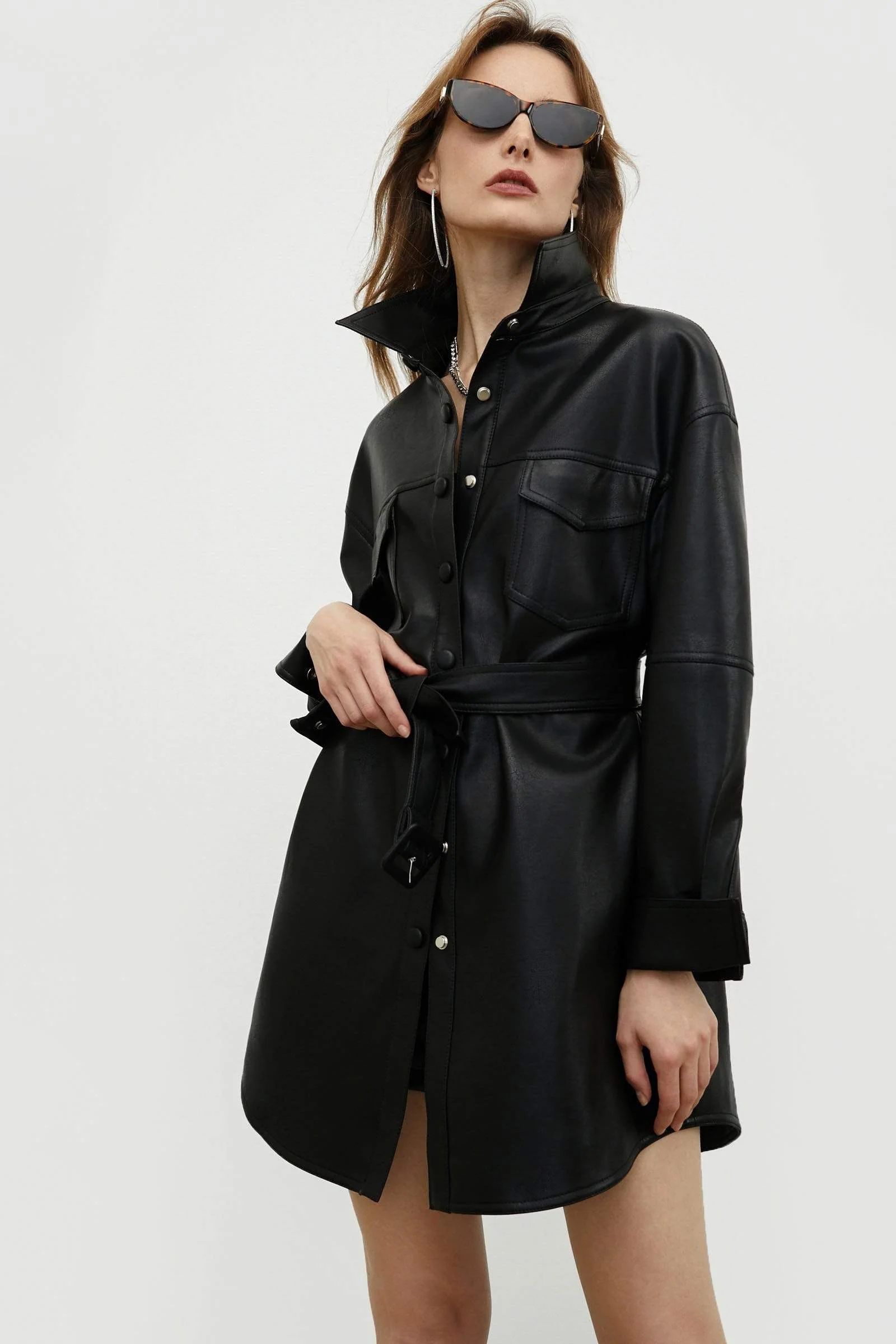 Sleek Black Belted Coat | J.ING