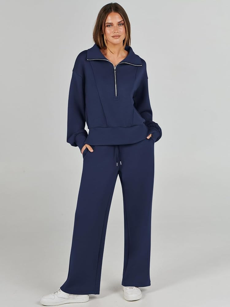 ANRABESS Womens Two Piece Outfits 2023 Fall Sweatsuit Set Half Zip Cropped Sweatshirt Wide Leg Sweatpant Lounge Set | Amazon (US)