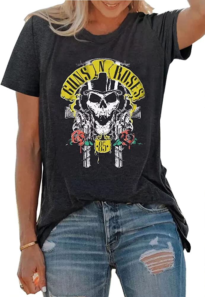 Guns N' Roses Skull Shirts for Women Vintage Rock Music T-Shirt Tops Funny Skeletons Graphic Casu... | Amazon (US)