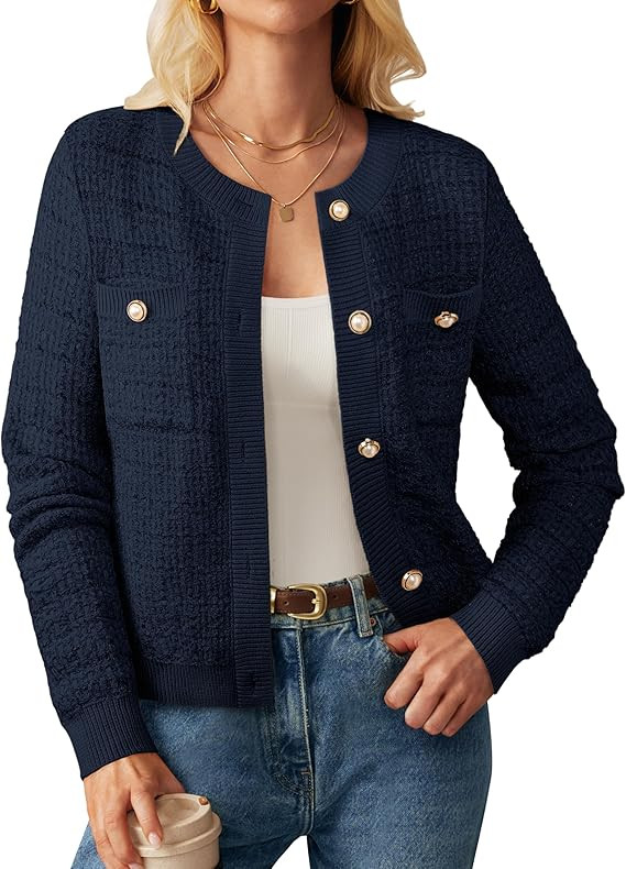 GRACE KARIN Womens Open Front Button Down Long Sleeve Texture Knit Cardigan Sweaters with Pockets | Amazon (US)