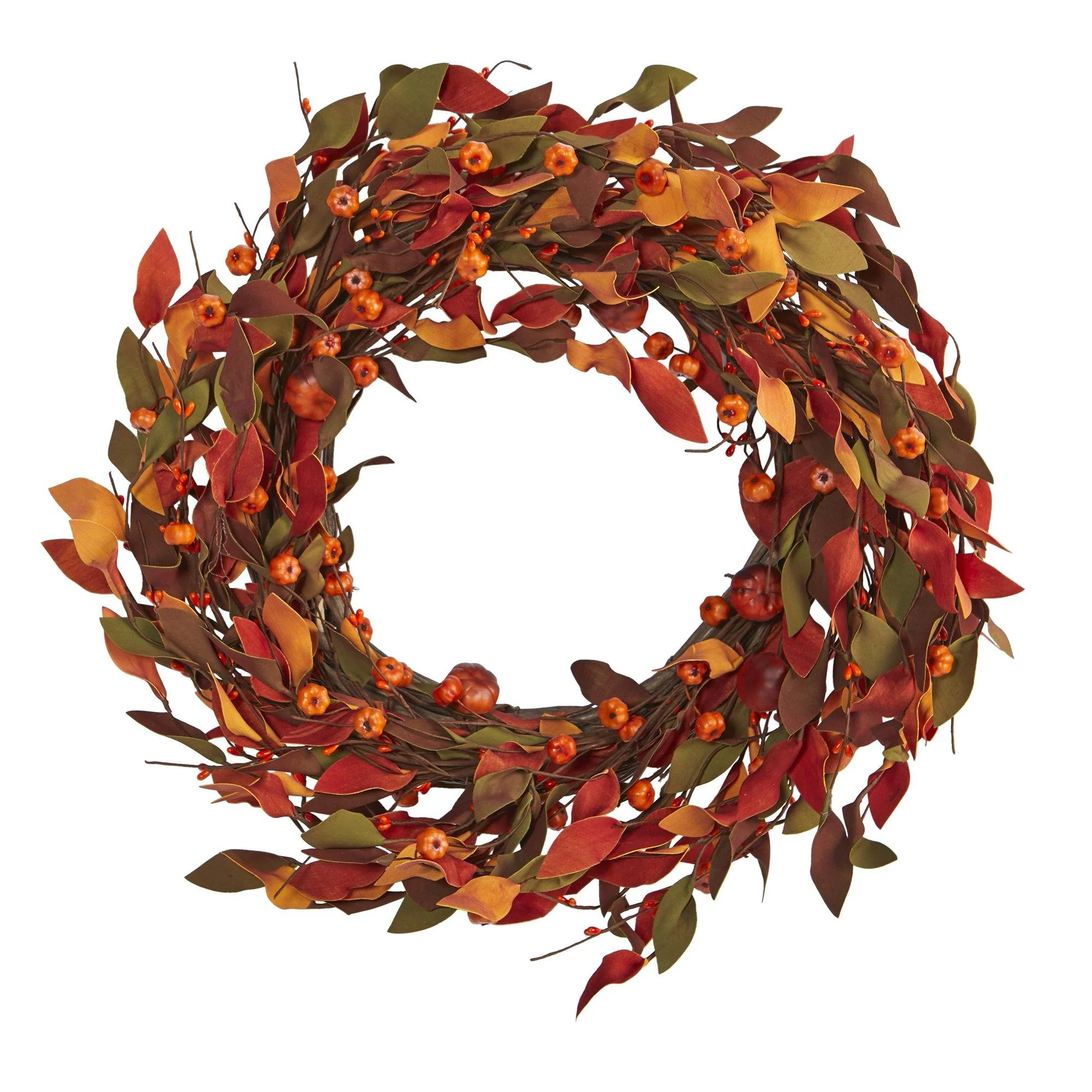 20” Harvest Leaf and Mini Pumpkin Artificial Wreath | Nearly Natural | Nearly Natural