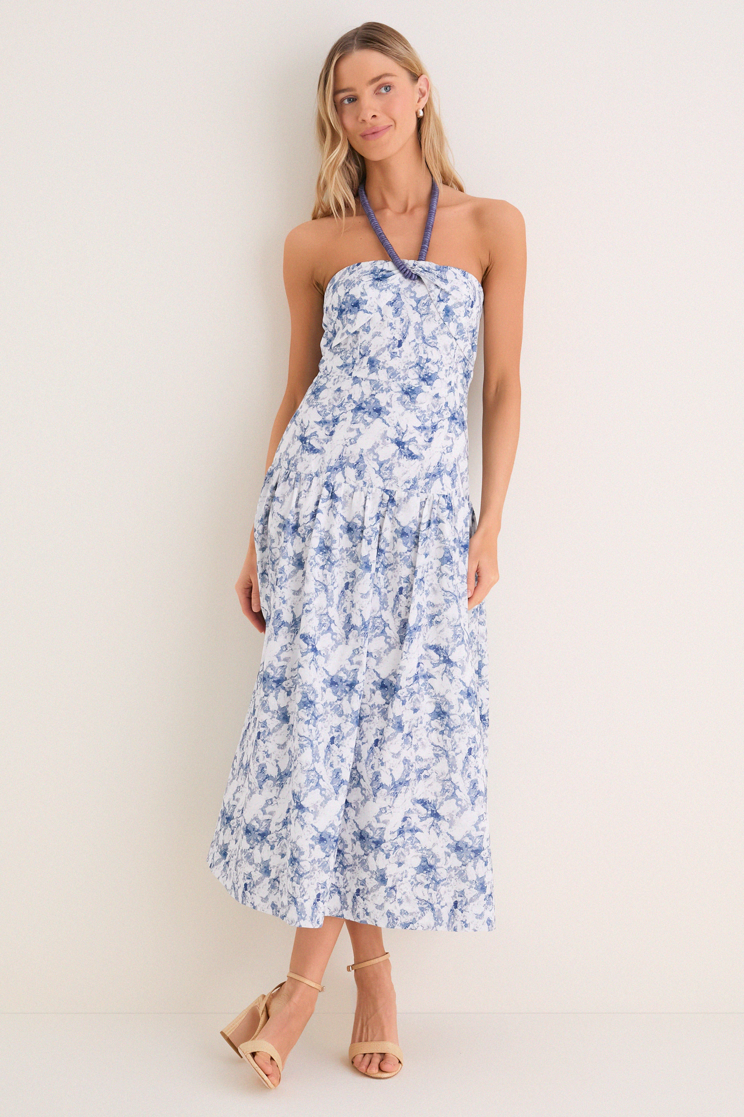 Navy Watercolor Beaded Halter Natalie Midi Dress | Tuckernuck (US)