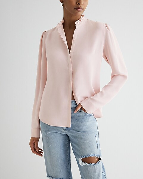 Ruffle Neck Relaxed Portofino Shirt | Express