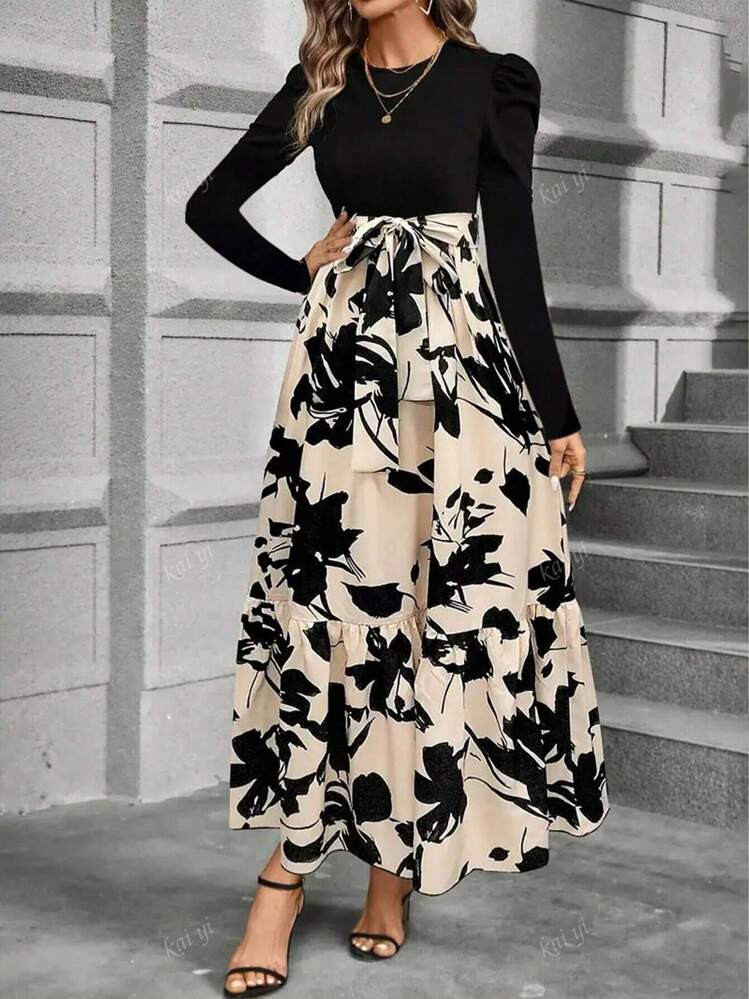 Autumn/Winter Versatile Floral Print Ruffle Hem Self-Tie Waist Dress | SHEIN