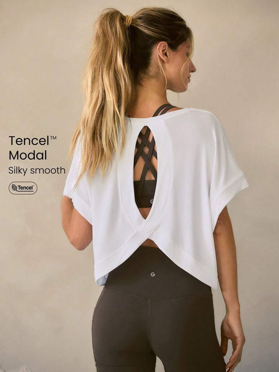 GLOWMODE Modal Oversized Short Sleeve Tee With Keyhole Back Low Impact Yoga Pilates Daily Casual | SHEIN