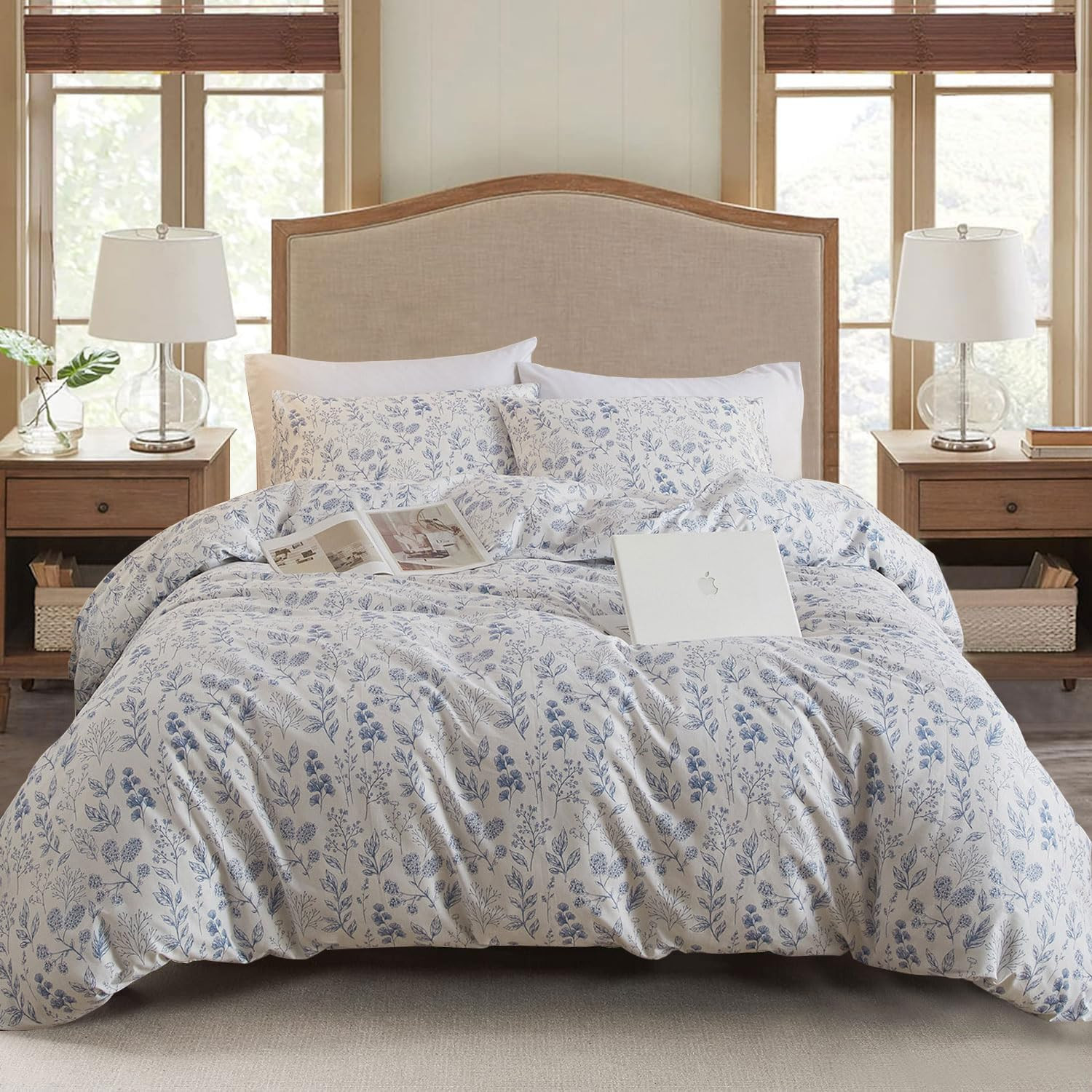 EAVD Fresh Blue Floral Duvet Cover Queen Soft 100% Cotton Garden Floral Aesthetic Bedding Set wit... | Amazon (US)