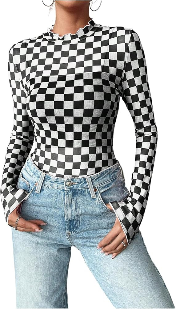 Floerns Women's Checker Print Long Sleeve T Shirts Sheer Mesh Plaid Print Tops | Amazon (US)