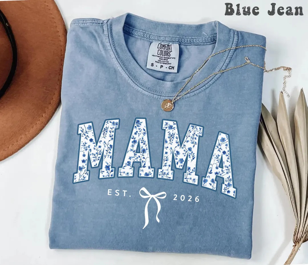 Comfort Colors® Personalized Mama Shirt, Retro Blue Toile Floral Est 2026 Tshirt, Coquette Mom T... | Etsy (US)
