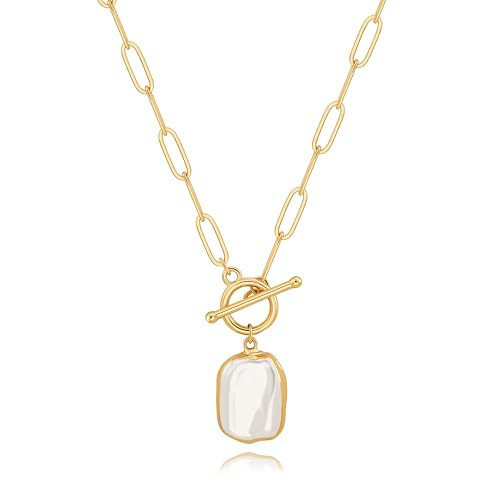 SOFYBJA Dainty 18K Gold Square Baroque Pearl Pendant Necklace for Women Paperclip Chain Toggle Necklace Handmade Jewelry | Amazon (US)