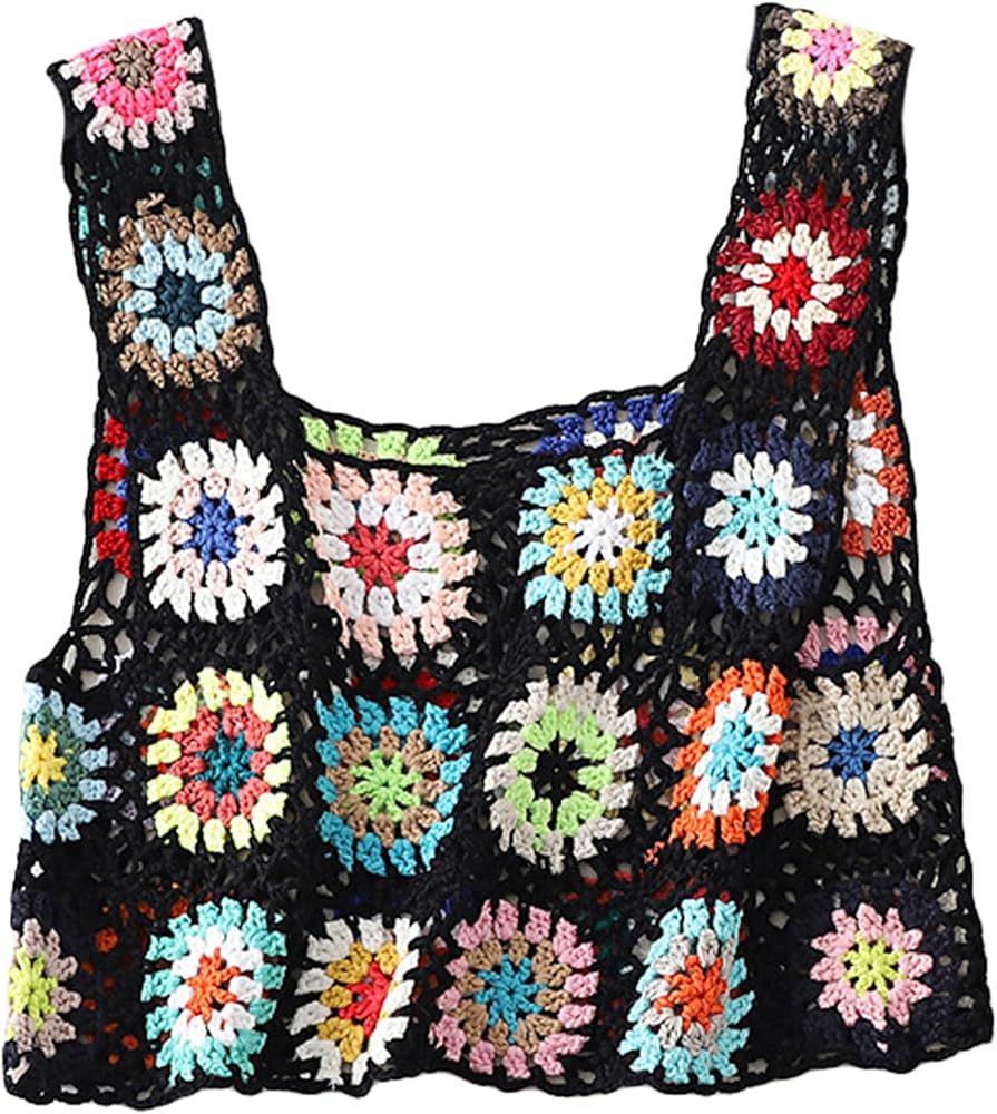 Womens Crochet Tank Top with Tassels Cover Ups Knit Colorful Floral Embroidery Summer Boho Camiso... | Amazon (US)