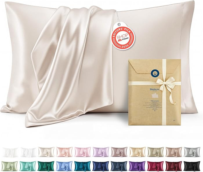 Bedsure Satin Pillowcases Queen Set of 2, Similar to Silk Pillow Case Beige | Amazon (US)