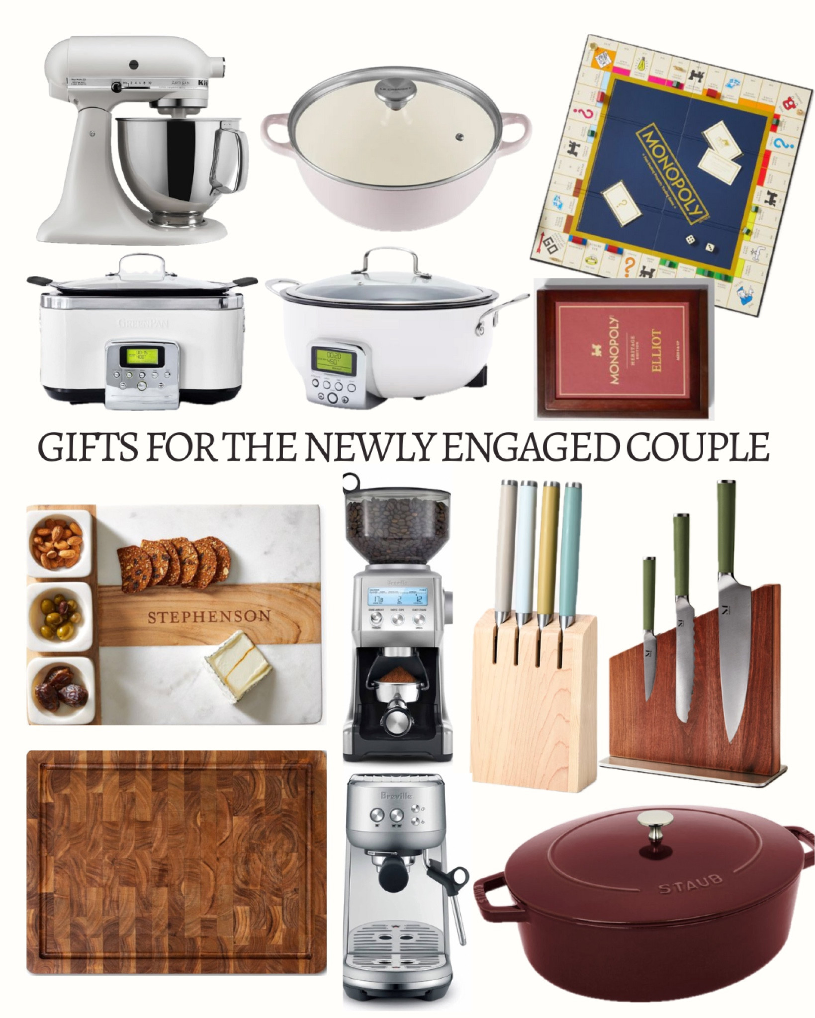 Personalized and functional gifts for the newley engaged couple!

monogrammed game set
personalized monopoly
dutch oven
oval dutch oven 
knife set
cutting board
monogram charcuterie 
slow cooker 
kitchen aid stand mixer 

#LTKHoliday #LTKCyberWeek #LTKGiftGuide