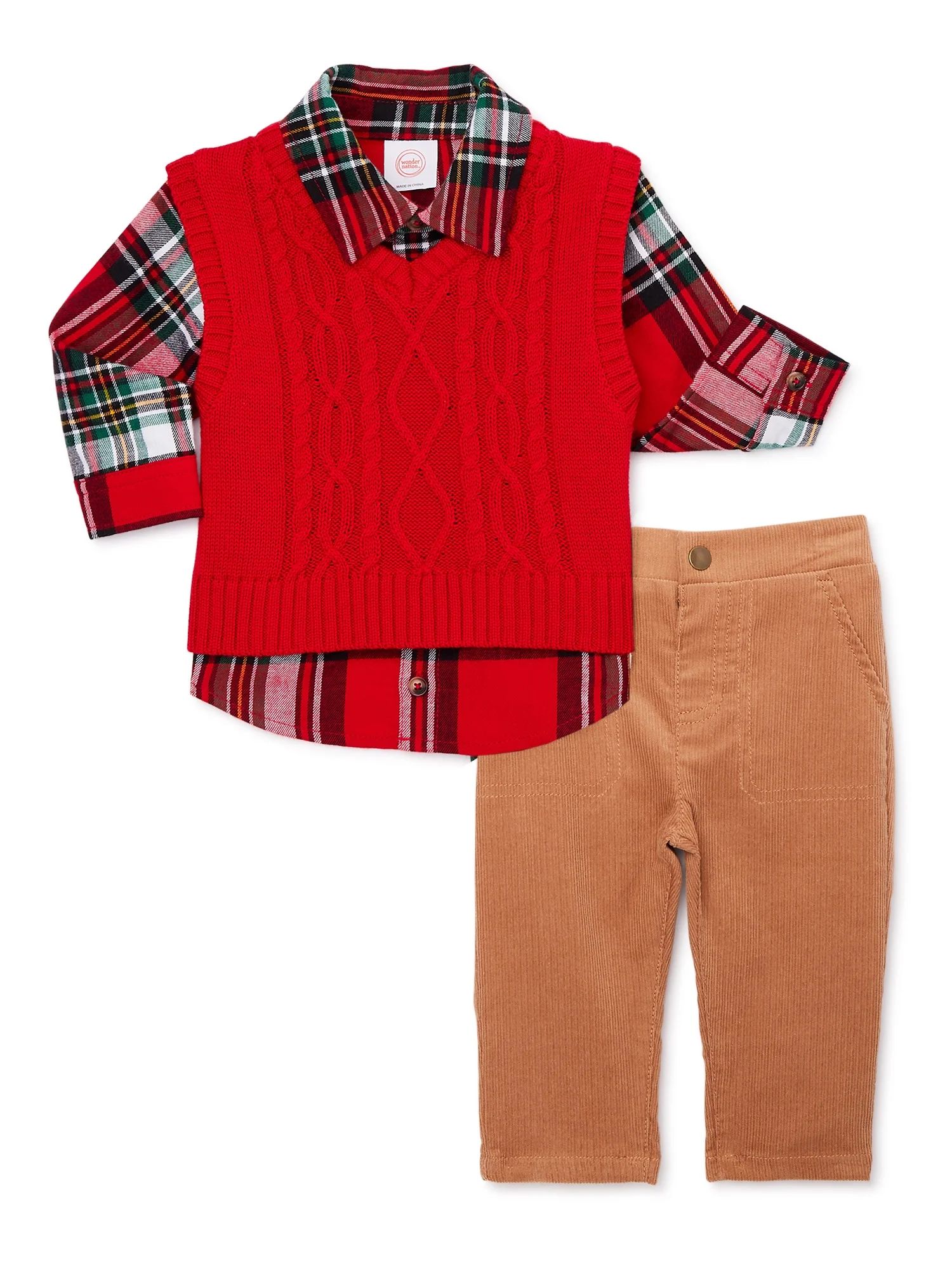 Wonder Nation Baby Boys’ Holiday Sweater Vest, Shirt, and Pants Outfit Set, 3-Piece Set, Sizes ... | Walmart (US)