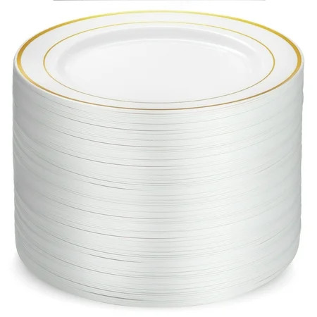 100 Piece Plastic Party Plates White Gold Rim, Premium Heavy Duty 10.25 Inch Dinner Plates Elegant F | Walmart (US)
