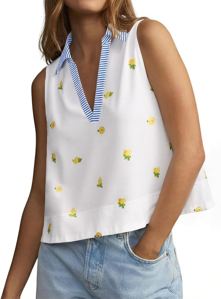 Tankaneo Womens Striped V Neck Tank Tops Summer Casual Collared Sleeveless Shirts Fruit Print Loo... | Amazon (US)