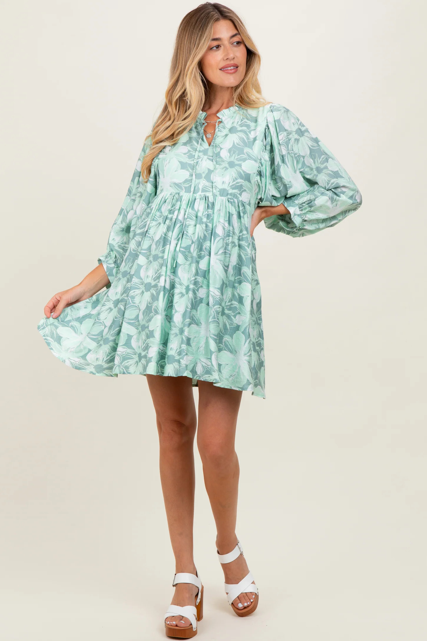 Light Olive Floral Front Tie Bubble Sleeve Maternity Mini Dress | PinkBlush Maternity