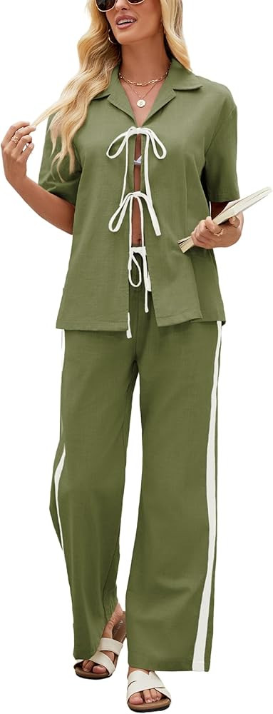 Womens Summer Spring Casual Loose Set Cotton Linen Loungewear Tie Pajama for 2025 | Amazon (US)