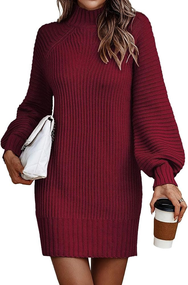 LILLUSORY Women's Mock Neck Pullover Sweater Dress Burgundy Red Dress Wine Dress Red Sweater Dress | Amazon (US)