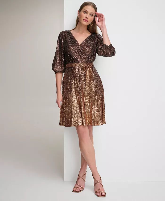 DKNY Women's Ombre-Sequin Fit & Flare Wrap Dress - Macy's | Macy's