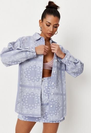 Lilac Co Ord Bandana Print Oversized Denim Shirt | Missguided (US & CA)