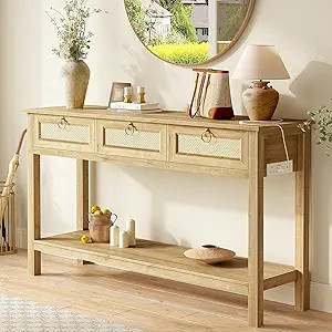 SUPERJARE Rattan Console Sofa Table with Outlets and USB-C Port, 3 Drawer Entryway Table with Syn... | Amazon (US)