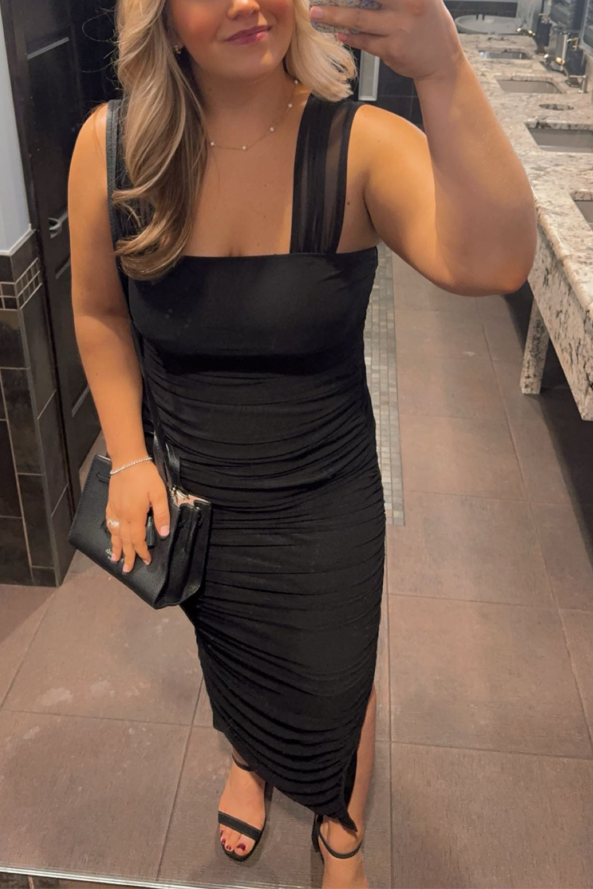 Black bodycon cocktail dress for wedding guest or date night - slim and flattering fit - black comfortable heels - pearl accent necklace and bracelet - cute light Kate Spade mini bag 

#LTKWedding #LTKBeauty #LTKParties