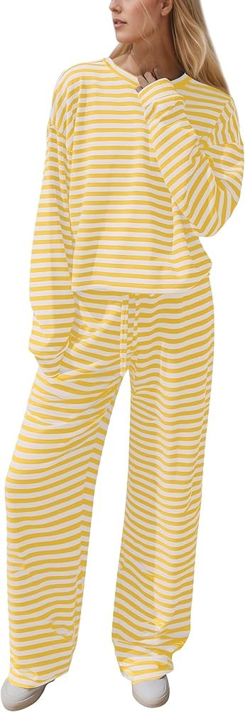 MISSACTIVER Women's Striped 2 Piece Lounge Set Casual Long Sleeve T-Shirt Drawstring Wide Leg Pan... | Amazon (US)