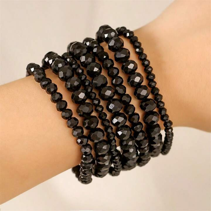 1 Set/7pcs Bohemian Multilayer Stackable Faceted Artificial Crystal Bead Bracelet Set | SHEIN