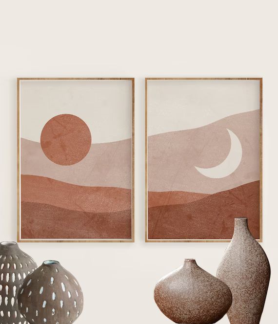 Boho Sun and Moon Print Set of 2, Abstract Landscape, Terracotta Printable Mid Century Modern Min... | Etsy (US)