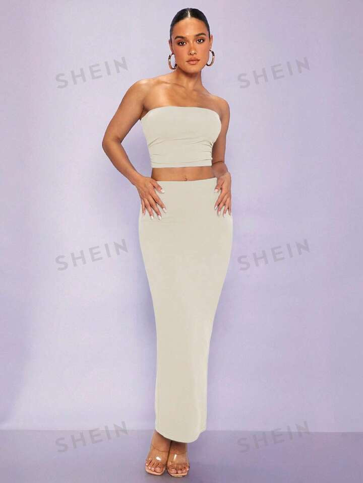 SHEIN BAE Solid Tube Top & Pencil Skirt | SHEIN