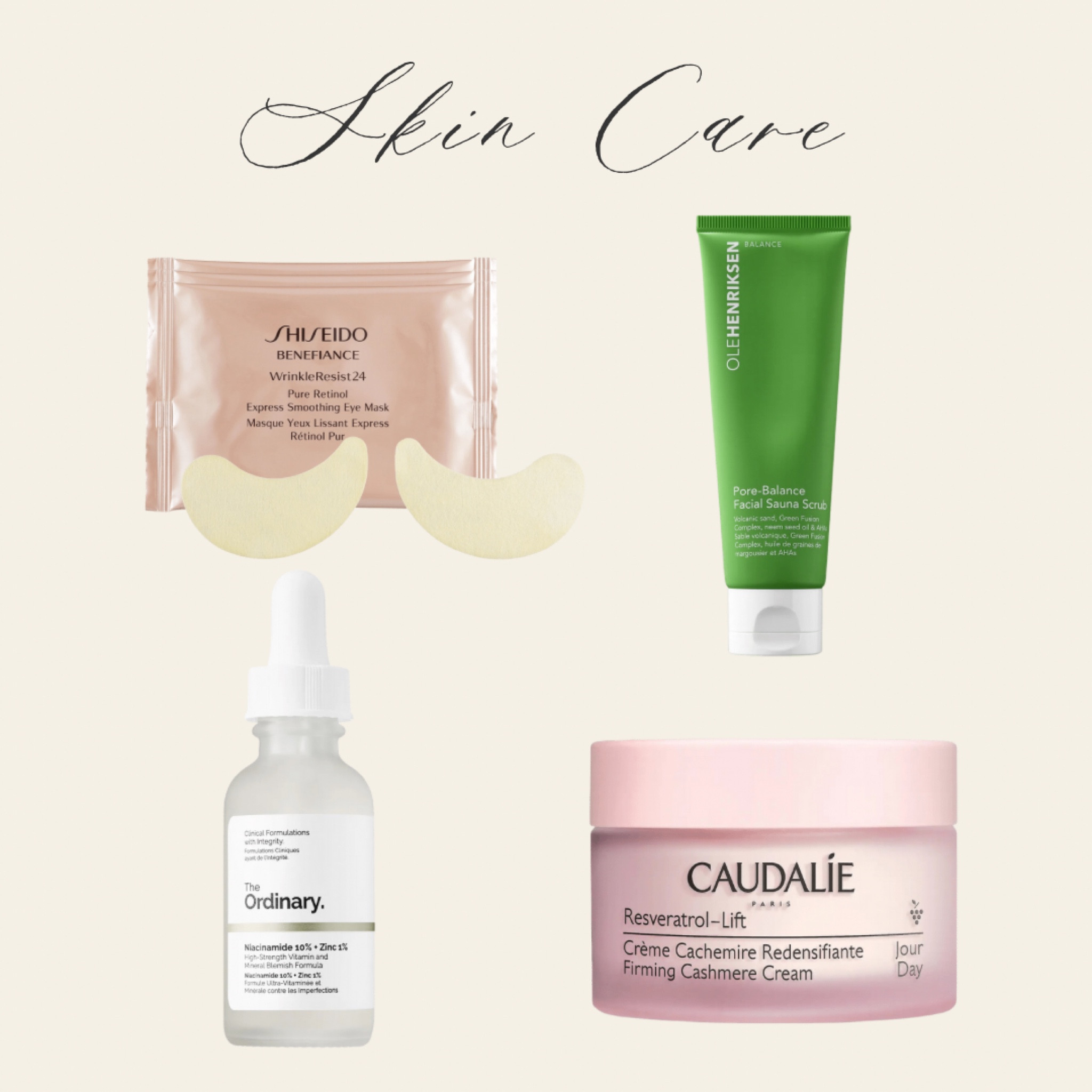 Wedding skin care, including Shiseido Benefiance Wrinkle Resist eye mask, The Ordinary Niacinamine + Zinc, Caudalie Reservatol, and Olehenriksen Pore-Balance Facial Sauna Scrub.

#LTKwedding #LTKunder100 #LTKbeauty
